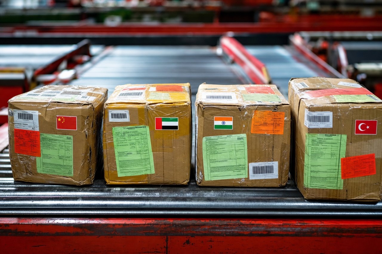 Schreibtisch mit Paket und Versandaufkleber