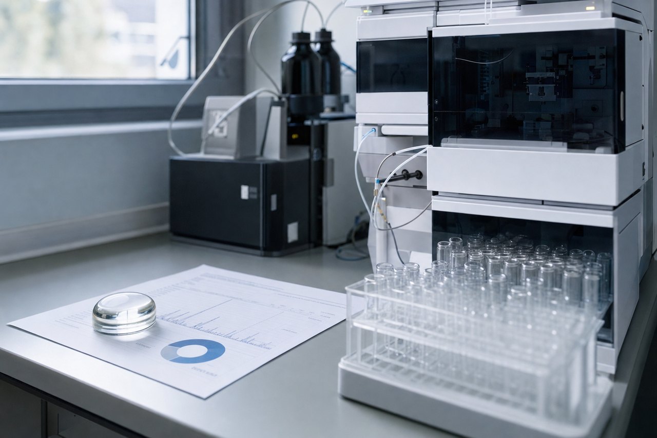Analysenblatt auf einer Laborbank neben einem HPLC-Gerät