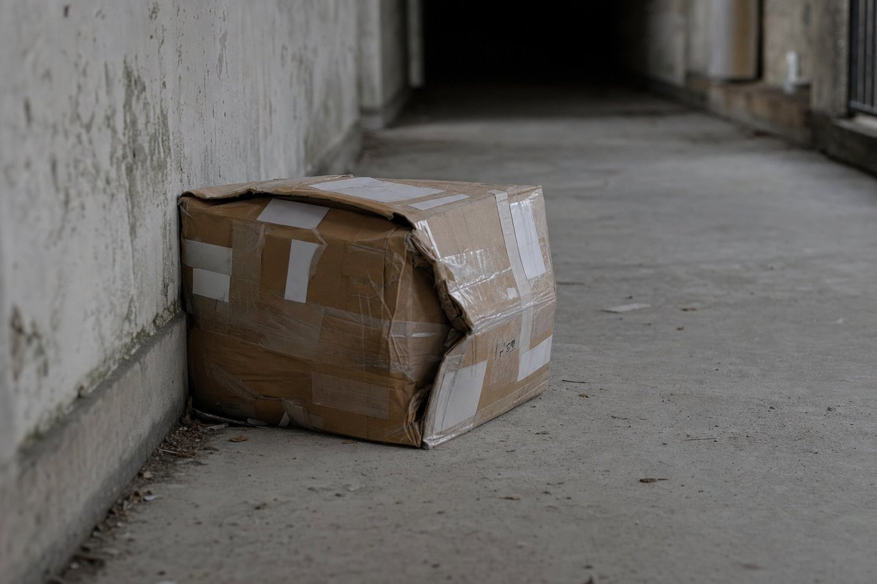 Beschädigtes Paket auf einem Betonboden
